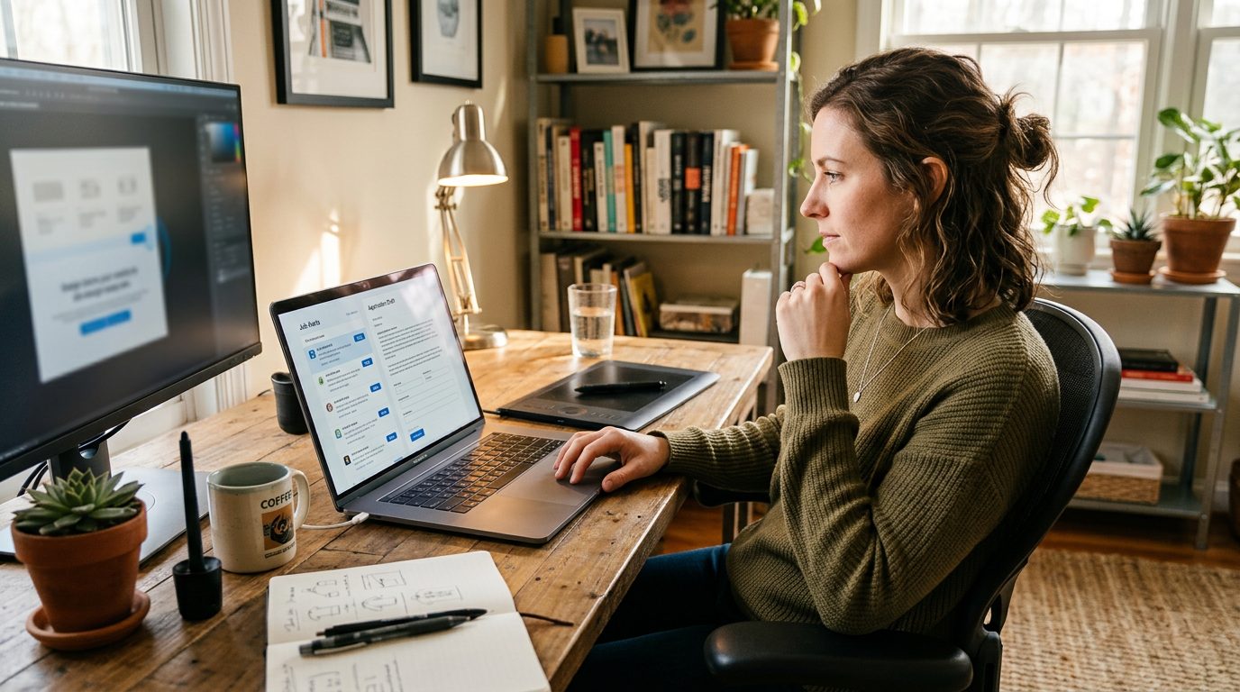 Freelance designer reviewing gig alerts and a drafted application on a laptop at a home desk